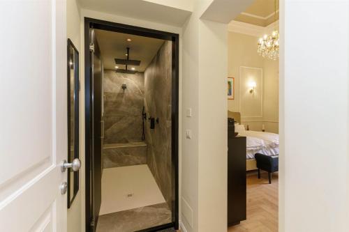 カターニアにあるB&B San Pancrazio hotelHouseのバスルーム(ウォークインシャワー、ベッド1台付)