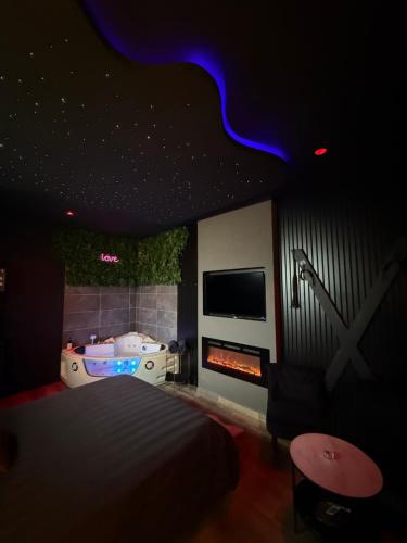 ein Schlafzimmer mit einer Badewanne, einem Bett und einem TV in der Unterkunft Love Room avec spa in Bourg-Saint-Christophe