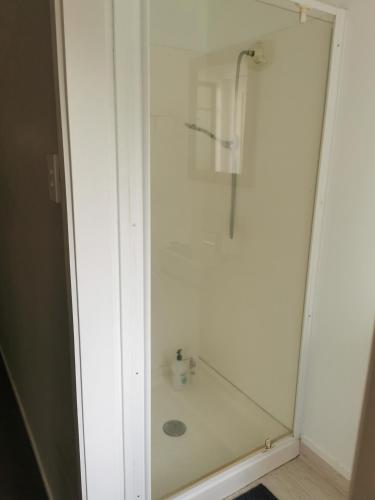 a shower with a glass door in a bathroom at LD Home in Auckland