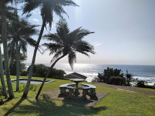 a park bench with palm trees and the ocean at Modern Beachfront Unit with Breathtaking Seaview's in Mtwalume