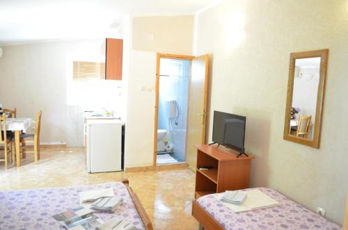 a living room with a television and a room with a table at Ivanovic Family House Apartments in Sutomore