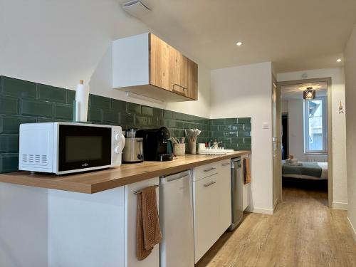 une cuisine avec un comptoir avec un micro-ondes dans l'établissement Le Cosy - 2 à 4 personnes - Proche Gare, à Nancy