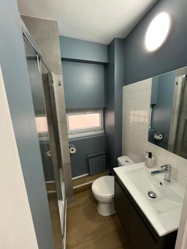 une salle de bain avec toilettes et lavabo dans l'établissement Les balcons du 115 - appartement standing 4 étoiles, à La Bourboule