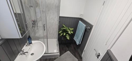 a bathroom with a sink and a shower at Spacious 2 Bed Flat in Central Plymouth in Plymouth