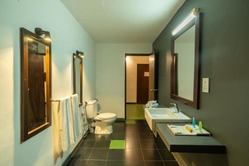 a bathroom with a toilet and a sink and mirror at Kassapa Lions Rock in Sigiriya