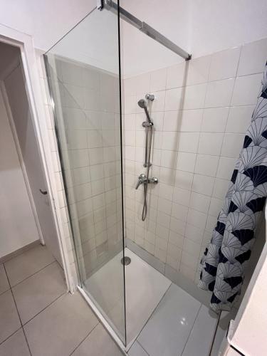 une douche avec une porte vitrée dans une salle de bain dans l'établissement Rue des Arts - Escapade stylée & animaux ok, à Toulon