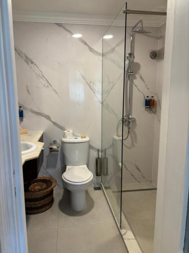 a bathroom with a toilet and a glass shower at Aanari Hotel & Spa- Mauritius in Flic-en-Flac