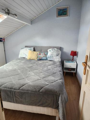 a bedroom with a bed with a gray comforter at MAISON PROCHE PLAGE SUR BASSIN D ARCACHON in Andernos-les-Bains