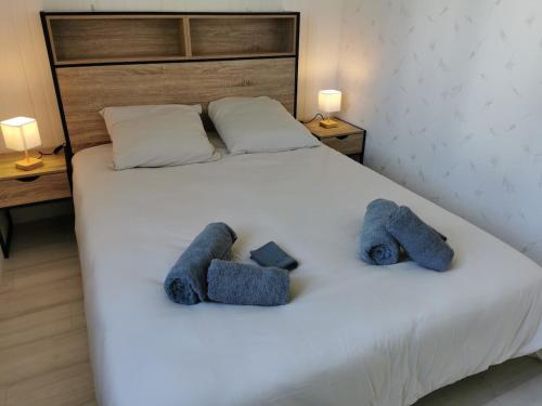 un lit avec deux animaux farcis bleus dans l'établissement Ashley, à Concarneau