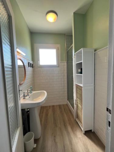 une salle de bain avec un lavabo, une douche et un miroir dans l'établissement Maison Pierre 3 bedroom house with swimming pool, à Léon