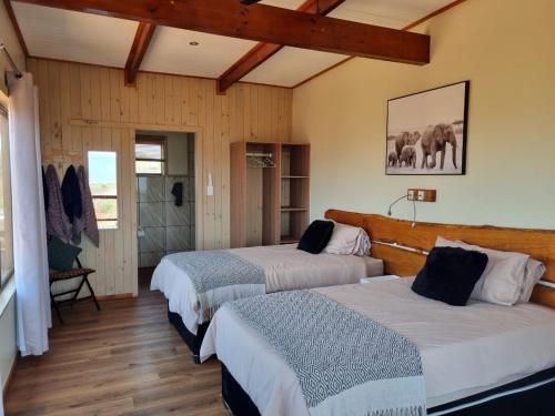 two beds in a room with wooden floors at Pongola Poort Safari Camp in Bethel
