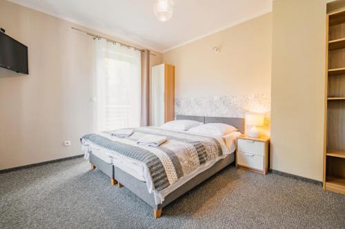a bedroom with a bed and a window at Apartamenty Wczasowa - z widokiem na góry, parkingiem, rowerownią in Kudowa-Zdrój