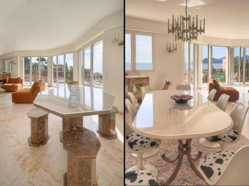 deux photos d'une salle à manger avec une table et des chaises dans l'établissement somptueux 4 pieces vue mer et parking A3B132, à Cannes
