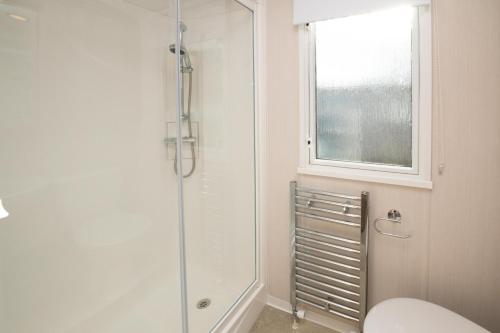 a bathroom with a shower and a toilet and a window at Tencreek Holiday Park in Looe