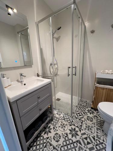 une salle de bain avec douche et lavabo dans l'établissement Studio Cannes Californie, à Cannes