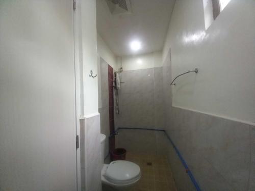 a white bathroom with a toilet and a shower at Casa Felicisima Inn in Puerto Princesa City