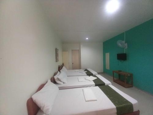 two beds in a room with a green wall at Casa Felicisima Inn in Puerto Princesa City