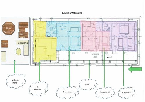 a floor plan of a building at Kamilla Apartmanház Somogyudvarhely OLYANMINTOTTHONCSAKMÉGJOBB in Somogyudvarhely