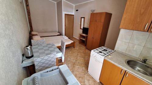 a small kitchen with a sink and a counter top at Ivanovic Family House Apartments in Sutomore