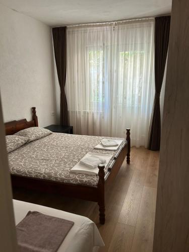 a bedroom with a bed and a window with curtains at Ivanovic Family House Apartments in Sutomore
