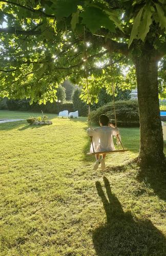 a boy sitting on a swing under a tree at QUINTA DO RIBEIRO Garden House in Lousada