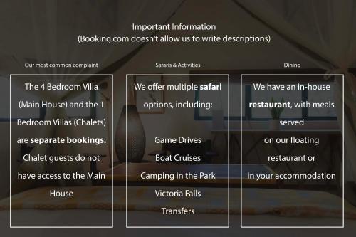 a screenshot of a menu for a hotel website at Chobe House Villa and Chalets in Kasane