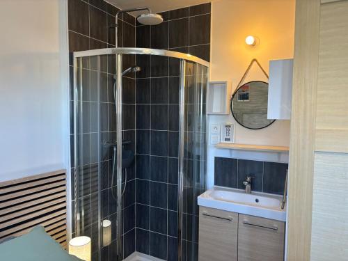 une salle de bain avec une douche, un lavabo et un miroir dans l'établissement Le Pin I T2, à Passy