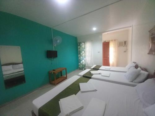 a room with a large bed and a green wall at Casa Felicisima Inn in Puerto Princesa City