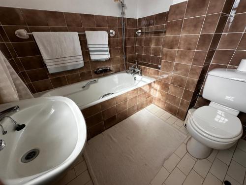 a bathroom with a tub and a toilet and a sink at Bougainvillea House - The Heart of Simonstown in Simonʼs Town