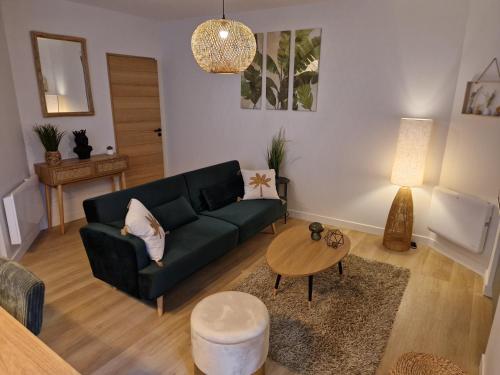 un salon avec un canapé vert et une table dans l'établissement Elegance Showroom - Appartement en Hyper Centre, à Bourges