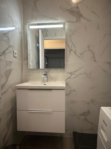 une salle de bain avec un lavabo blanc et un miroir dans l'établissement Grand Studio avec Coin Nuit et Parking, à Saint-Laurent-du-Var