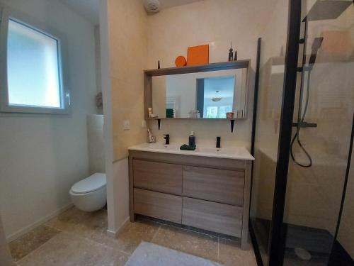 une salle de bain avec un lavabo, des toilettes et un miroir dans l'établissement VALBONNE Villa récente avec piscine, à Valbonne