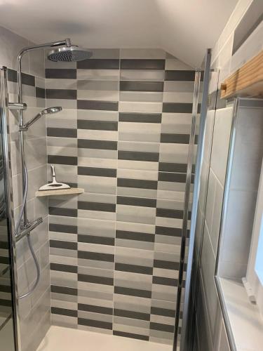 a bathroom with a shower with black and white tiles at Gîte des Lauriers 10 min Zoo de Beauval in Couffy