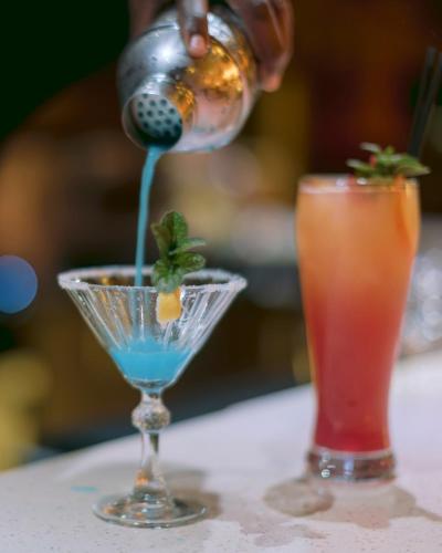 a person pouring a drink into a martini glass at Palala Boutique Game Lodge and Spa in Tom Burke