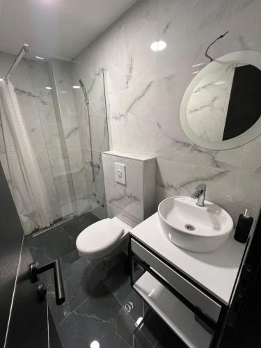 a bathroom with a sink and a toilet and a mirror at Villa paradise in Podstrana