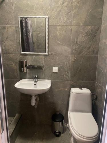 a bathroom with a toilet and a sink and a mirror at Відпочинковий комплекс,міні готель Старий дворик in Lviv