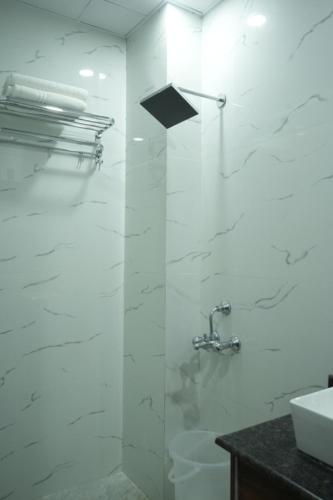 a bathroom with a shower with a sink and a toilet at Hotel Golden Palace in Lucknow