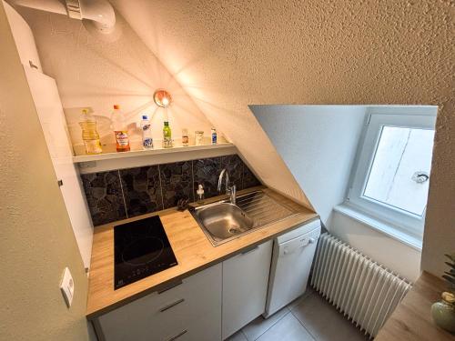 une petite cuisine avec un évier et une fenêtre dans l'établissement L'Harmonie des Combles - Proche Gare - Petite France - Commerces à proximité, à Strasbourg