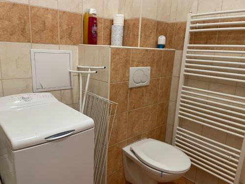 une petite salle de bain avec toilettes et lavabo dans l'établissement Tiffany Apartment in the City Center, à Bratislava