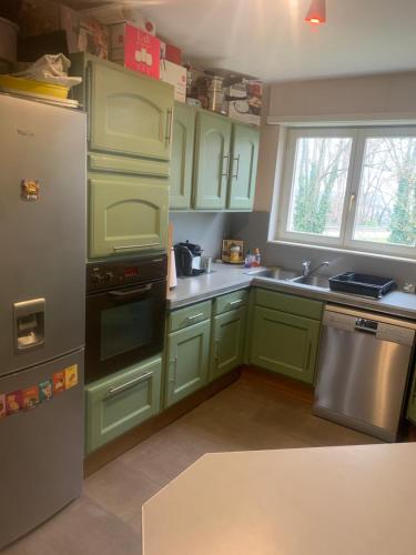 - une cuisine avec des placards verts et un réfrigérateur dans l'établissement Lipsheim Proche gare, à Lipsheim