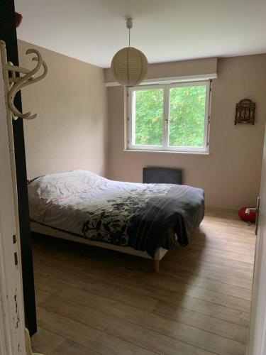 une chambre avec un lit et une fenêtre dans l'établissement Lipsheim Proche gare, à Lipsheim