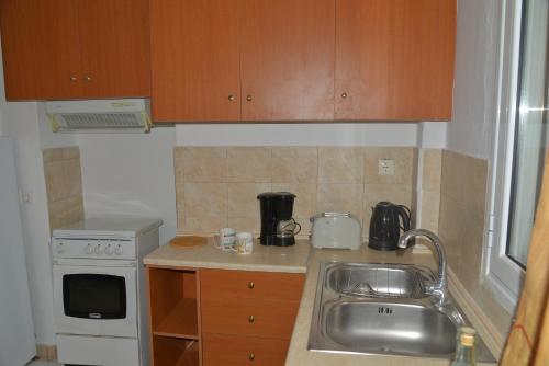 a small kitchen with a sink and a stove at Tonia Apartments Kontogialos in Pelekas