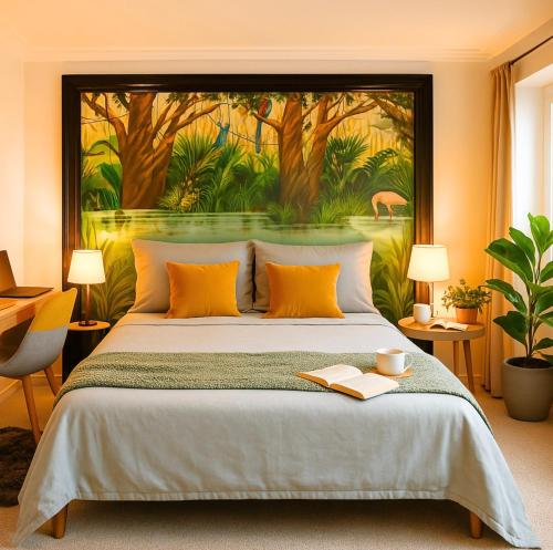 a bedroom with a large bed with a painting on the wall at Appart'hôtel Premium Le Roitelet - Parking privé & Check-in Autonome in Tullins