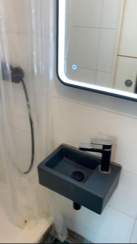 une salle de bain avec un lavabo noir et un miroir dans l'établissement Le Petit Breizh, gîtes culturel Aux Petits Bonheur, à Férel