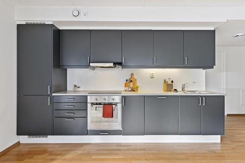 a kitchen with gray cabinets and a stove at BJØRVIKA APARTMENTS, Teaterplassen, Oslo city center in Oslo