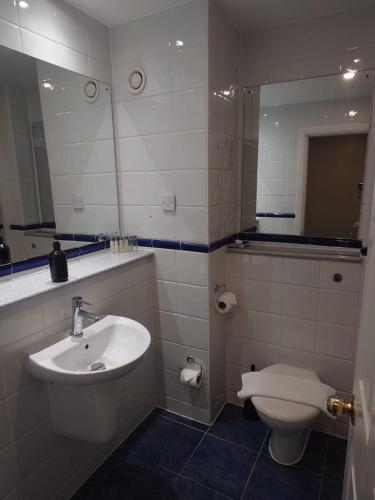 a bathroom with a sink and a toilet and a mirror at Dancenter Birmingham Airport near NEC in Kenilworth