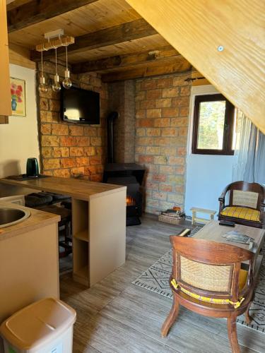 Una cocina con encimera, mesa y chimenea. en Nest&Rest-Vikendice Tara 2, en Sekulić 