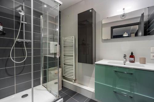 une salle de bain avec une douche en verre et un lavabo dans l'établissement Le Secret de Vallin - Proche centre Nancy, à Nancy