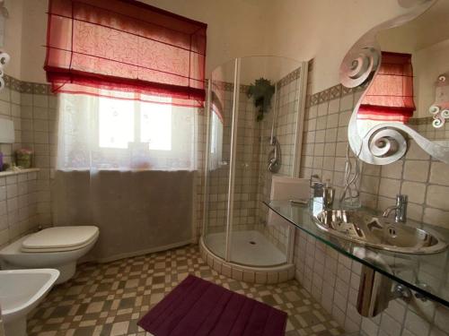a bathroom with a toilet and a sink and a shower at Jolie maison in Montalbano Jonico