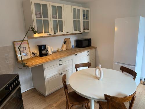 Il comprend une cuisine équipée d'une table blanche et d'un réfrigérateur blanc. dans l'établissement Maison de campagne-proche Parc Le Pal, à Diou